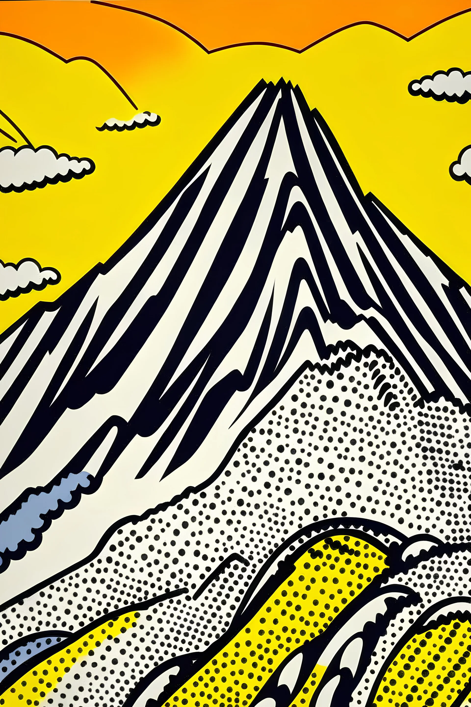 An orange rocky mountain painted by Roy Lichtenstein