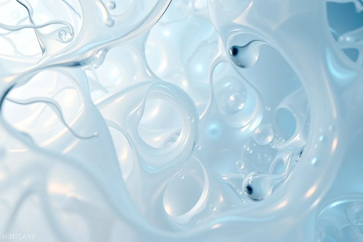 A soft, dreamy generative-art scene featuring complex hypnotic fractal structures evolving through fluid organic and geometric forms. Smooth translucent iridescent glass surfaces contain internal light and delicate bubbles, set agai