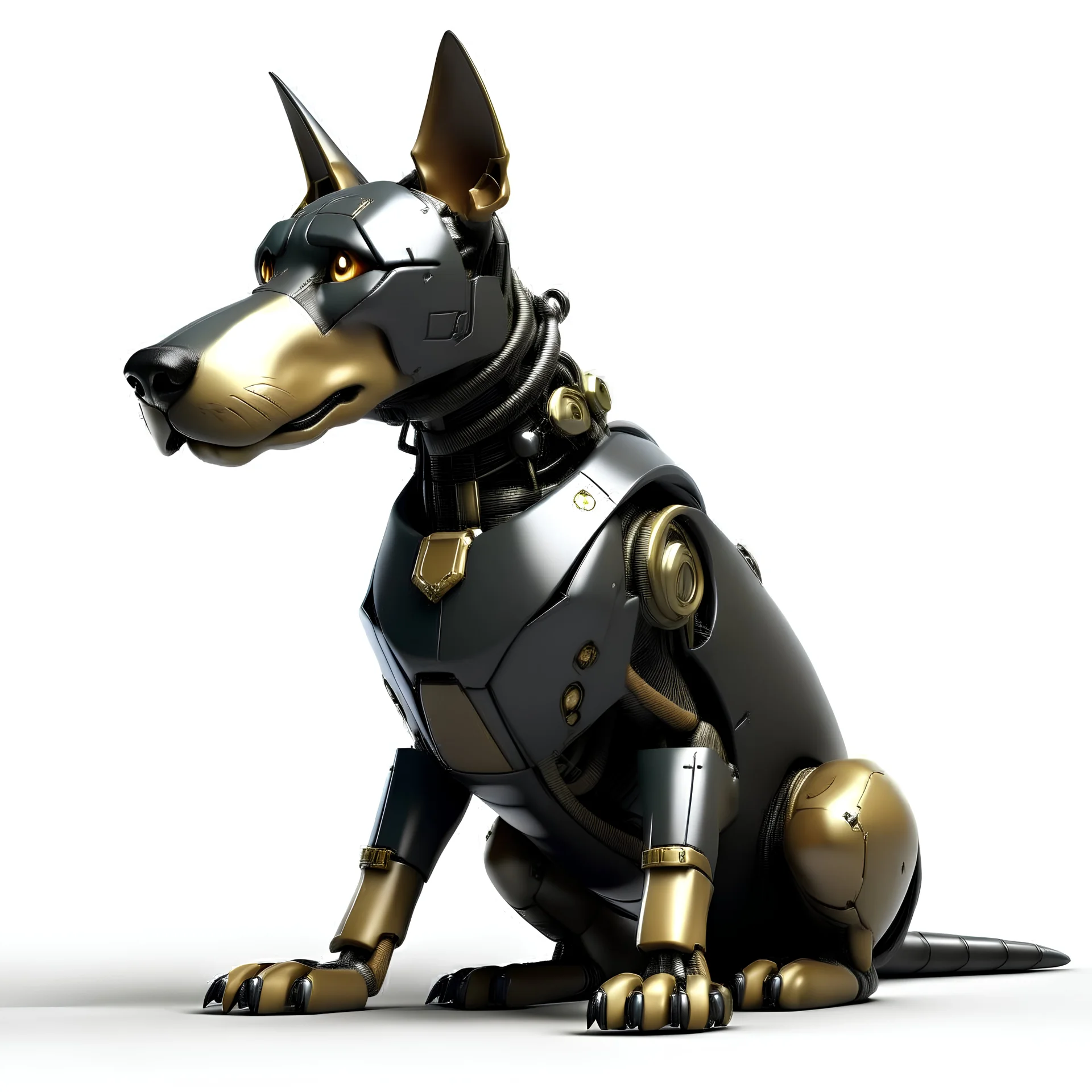 fullmetal robot doberman. He's sit and got head up and looking on something in sky.