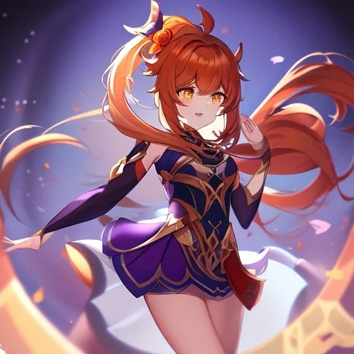 Clear focus,High resolution, Red long straight hair in a ponytail, and yellow eyes, wearing a Genshin Impact Inspired outfit,Wearing a short skirt, Color pallete red orange purple, dancing in the moonlight