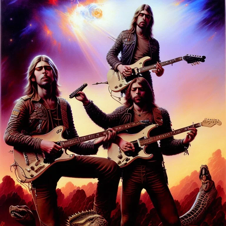 art by frank frazetta, kurt cobain plays a guitar for a crocodile