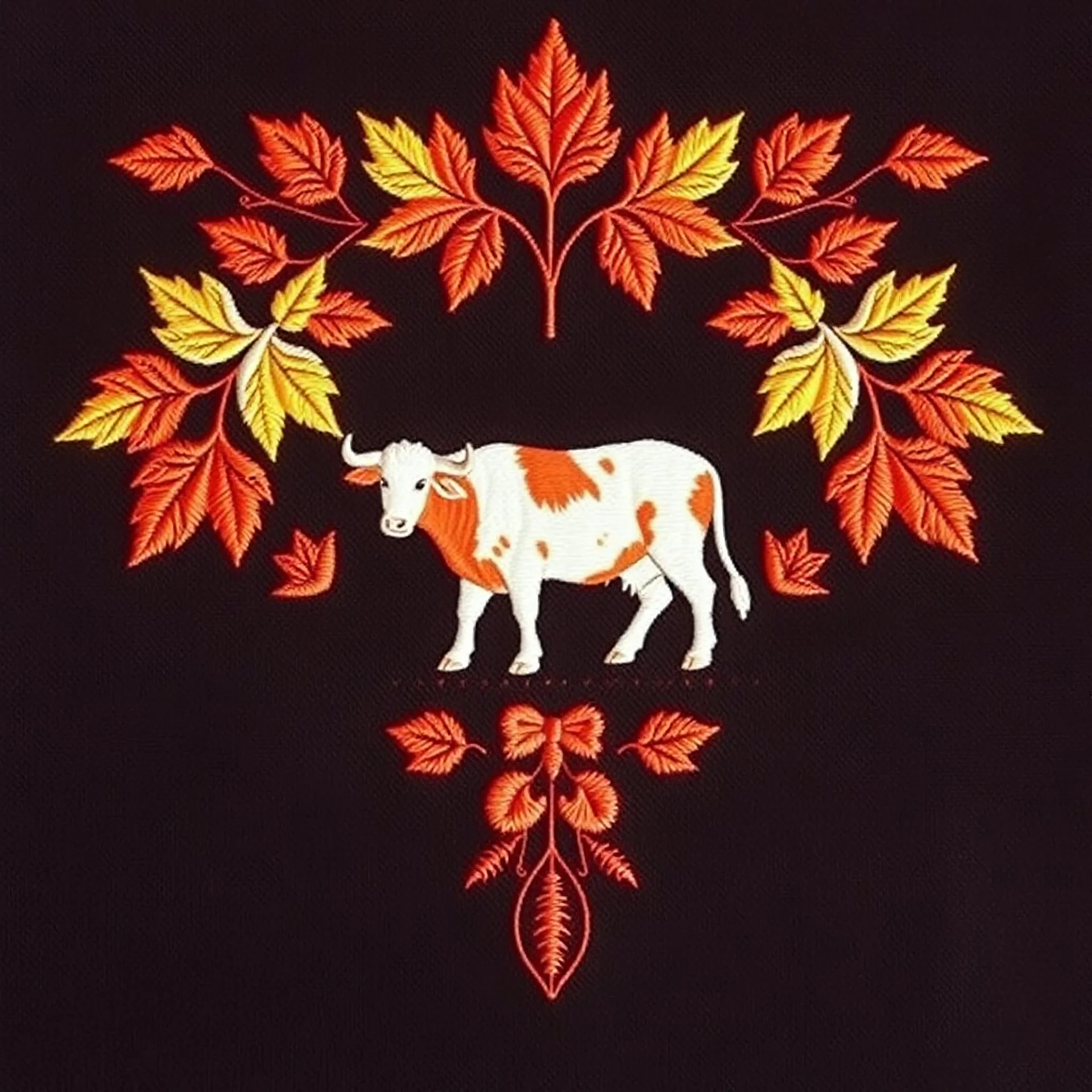 an autumn colored textured cloth embroidered ornamental leaves and cattle, pointed bottom, on dark background, Canadian western cowboy style