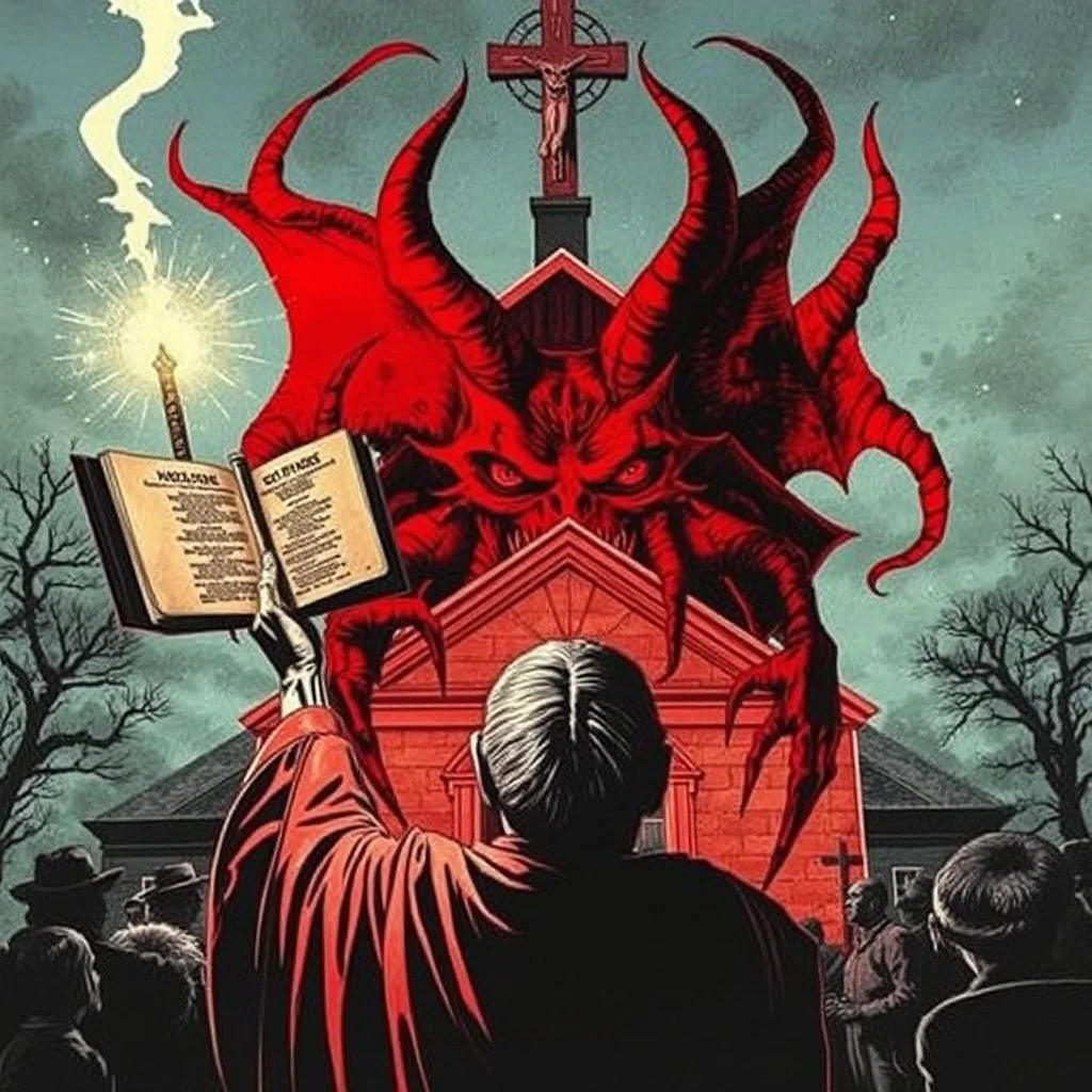 horror scene, priest shaking a bible above his head at a red multi eyed lovecraftian demonic corruption that has taken root in a 1890's frontier church, sinister, fragmented collage, modern comic book illustration, offset cells, by Keith Thompson and Dave McKean, dramatic, scary, visceral