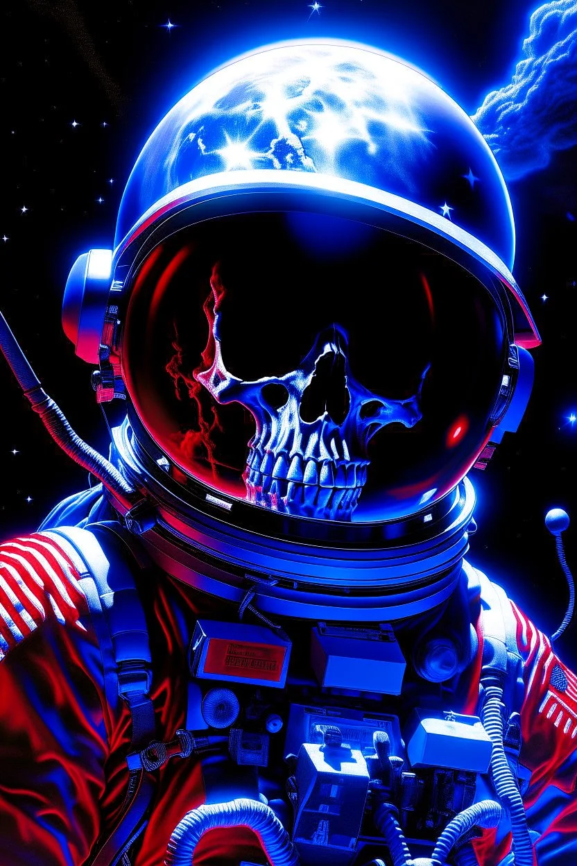 A close up of a skeleton face looking shocked, in an astronaut helmet and suit floating in space. inside the hollow eyes are red shining lights, scary. On his suit is an American flag and in his one hand is a small wavering American flag, on it is written "boned in the USA". From the back of his suit is blowing out blue, white and red smoke. Realistic, 8k, highly detailed, funny