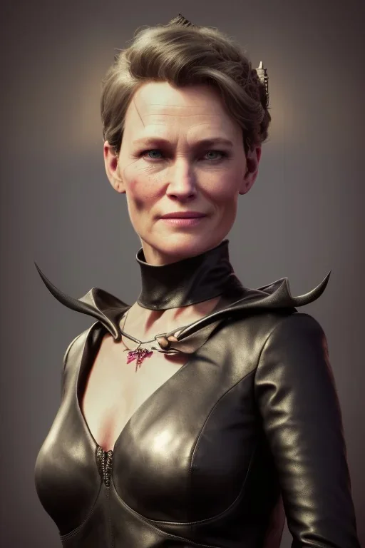 Robin Wright as evil queen in black leather, busty, cleavage, curvy, Claire Underwood, angry, stern look. character design by cory loftis, fenghua zhong, ryohei hase, ismail inceoglu and ruan jia. unreal engine 5, artistic lighting, highly detailed, photorealistic, fantasy