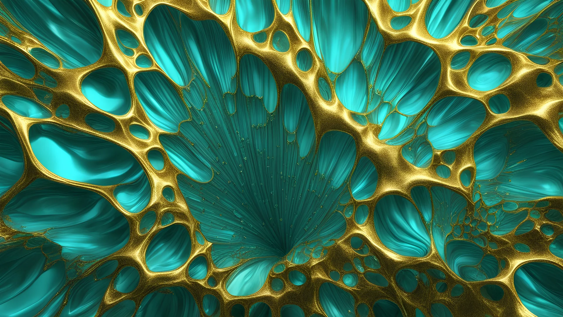 organic multicellular composition of luminous points which undulate to create striking visual effects on a gold and turquoise background,, photorealism, hyper detailed, 8k