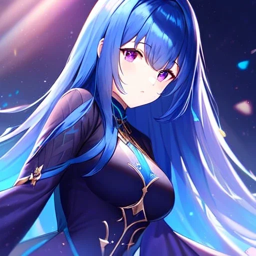 girl, masterpiece, best quality, volumetric lighting, detailed outfit, perfect eyes, dark sky blue hair, purple eyes, long hair,