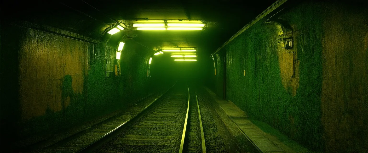 Inside the old subway tracks, . Low light and closed green moss walls. Like the original design of the game space ,digital art.landscape,far camera old painting,2 Chen and George Hopper, Rembrandt lighting, a dark green and yellow color scheme, ethereal light. --ar 13:16 --v 6. 0