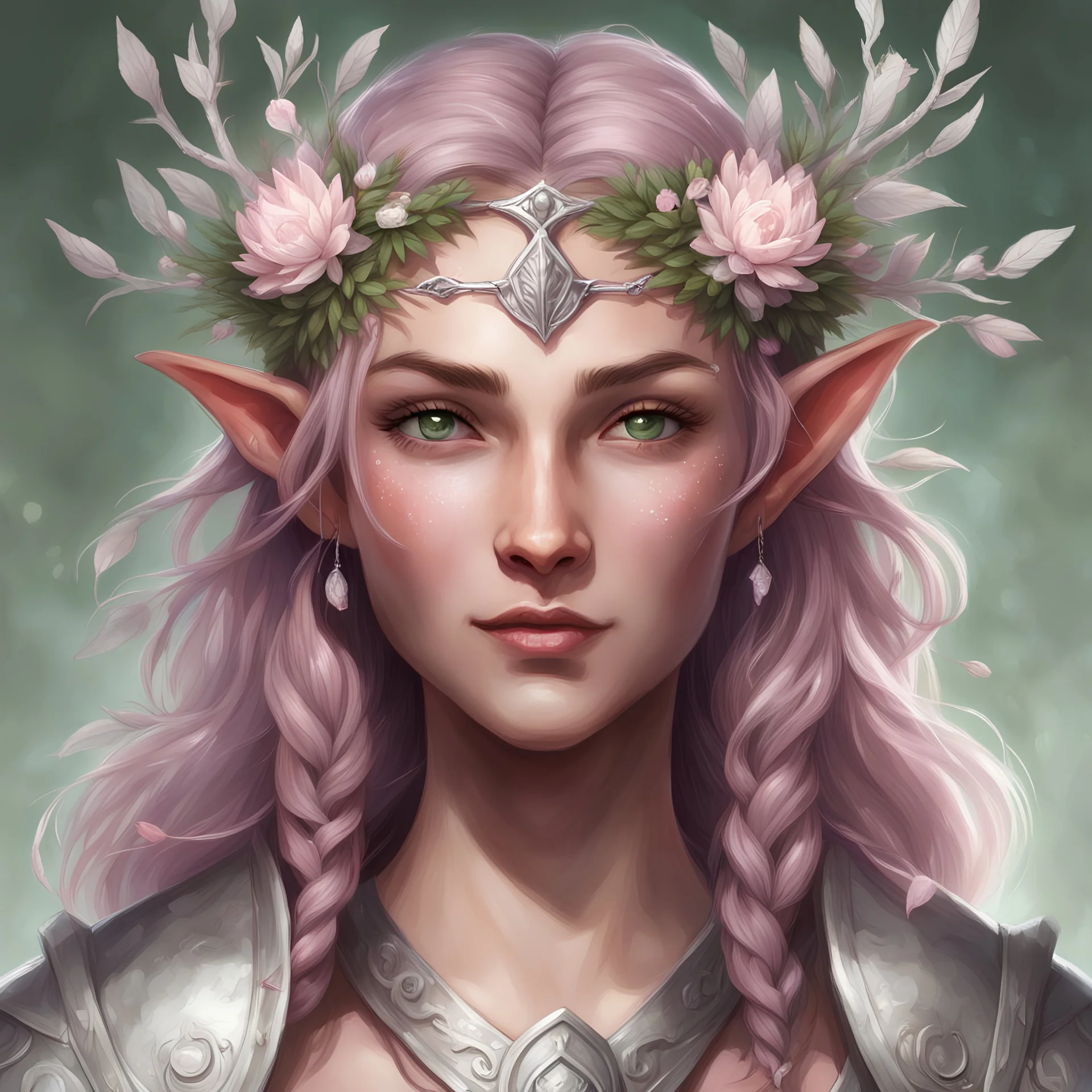 Generate a dungeons and dragons character portrait of the face of a female spring Eladrin. She is a circle of the Shepard Druid who's is dedicated to protecting magical creatures. She looks sweet and approachable. She wears a dainty circlet made of silver coated branches. Her hair is pink and voluminous, her skin sun-kissed. Her eyes are hazel.