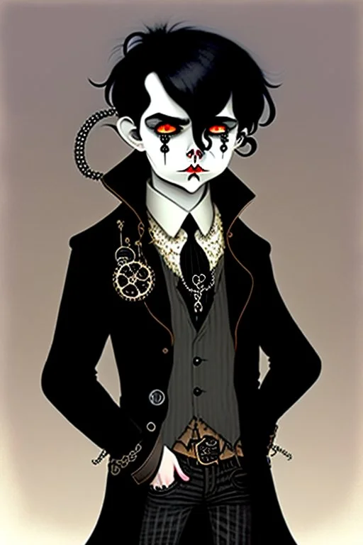 black haired black eyed young man necromancer steampunk goth hobbit with gothic jewelry and pet black rat in the style of Charles Addams