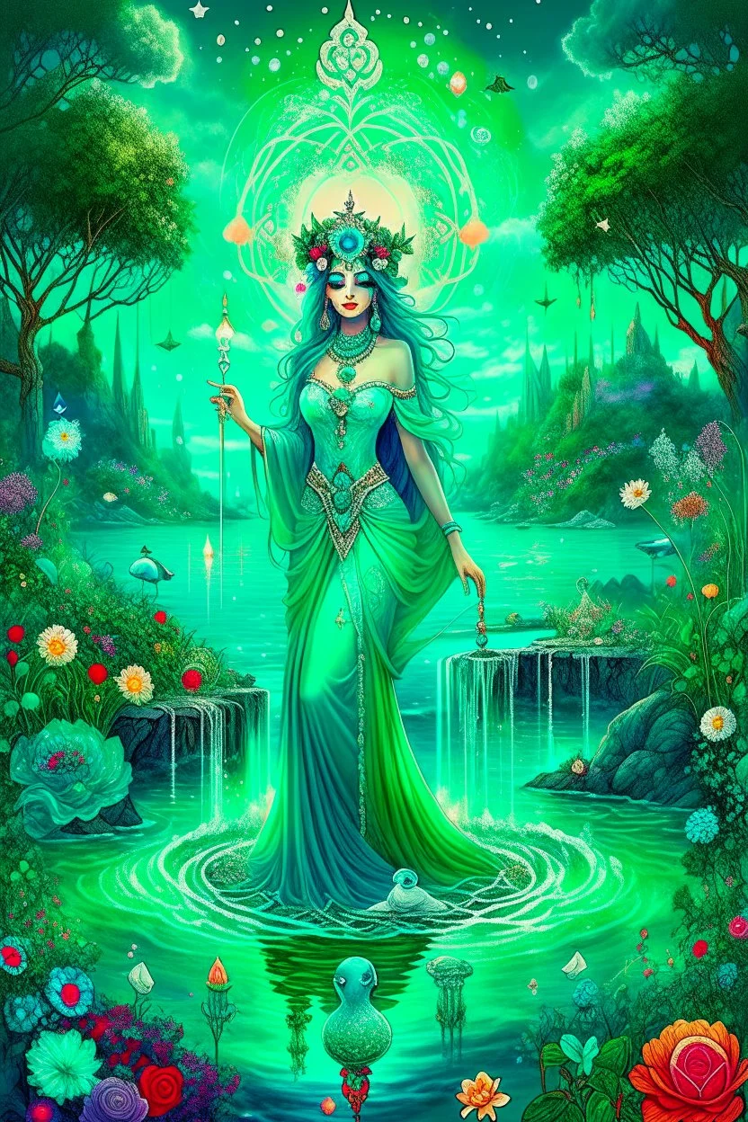 The beautiful goddess of healing and well-being stands on a land of pure water embellished with emeralds. And glass rose trees. And a name. Colored with stars and planets