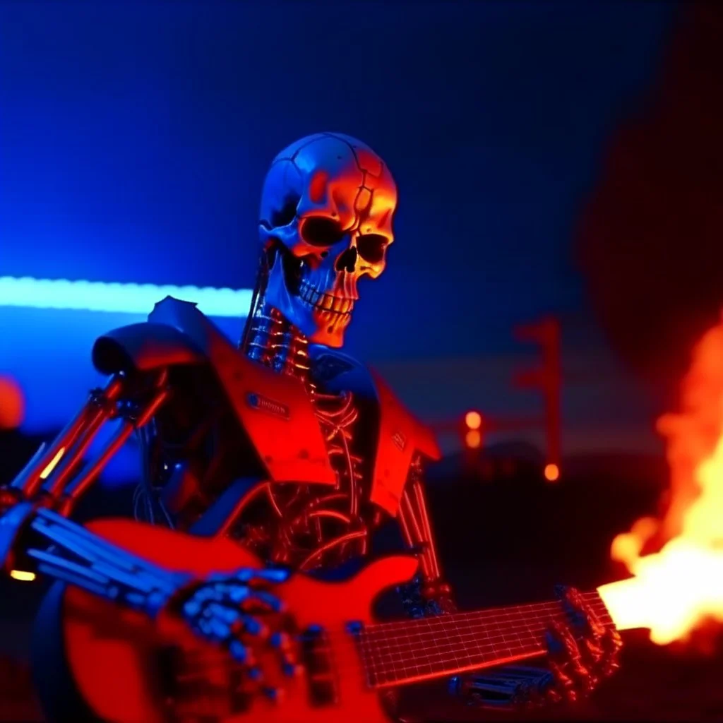 4K. REALISTIC FULL DETAILS. FULL RED BLUE AND WHITE LIGHTS. Terminator in flammes playing guitar in a waste land