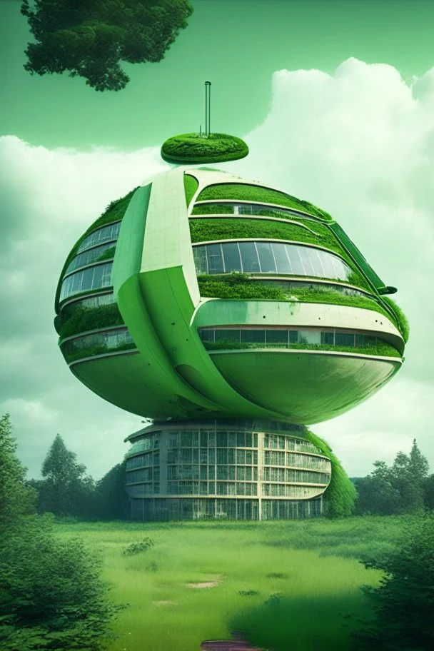 A building in the form of a satellite dish and green spaces