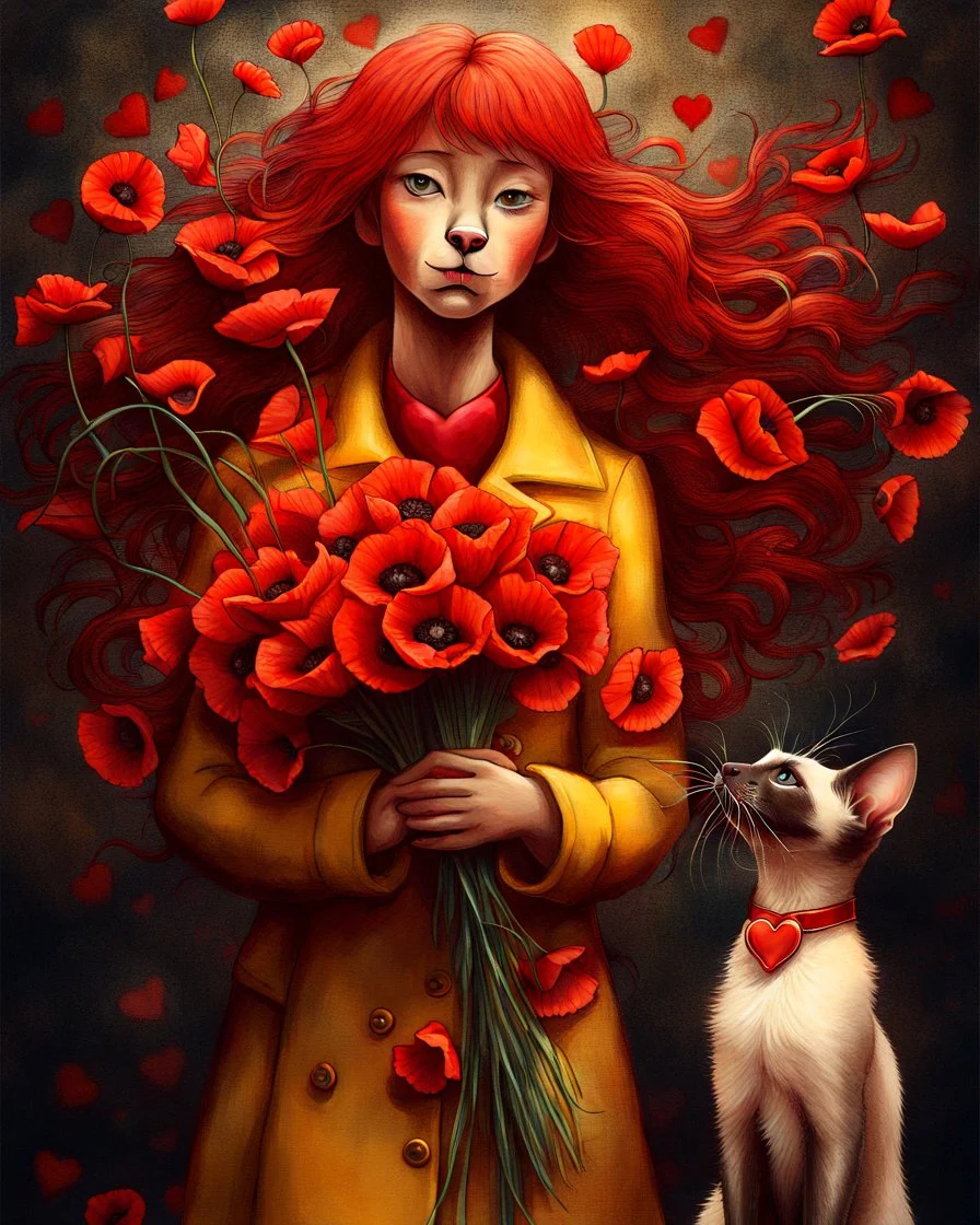 Create a moving illustration of a red girl wearing a yellow coat holding a bouquet of red poppies, standing peacefully, head leaning upward. A Oriental shorthair Siamese chocolate point cat with a red heart-shaped collar sits at her feet, looking up adoredly. Use a dark, textured background to accentuate the heat of the subjects. Emphasize a calm and introspective atmosphere. HD
