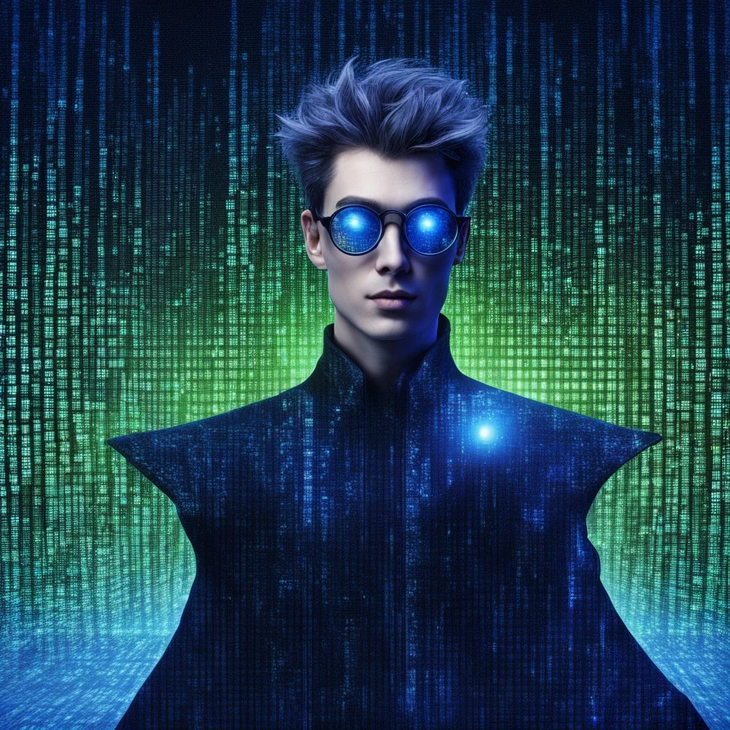 Cyber wizard using glasses with blue matrix backgroud