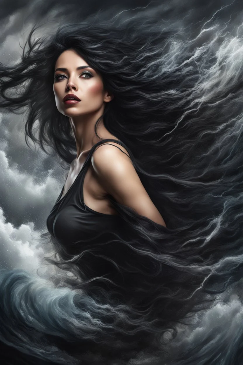 A beautiful woman with black hair, 8k realistic,caught between heaven and earth, storms, chaos, abstract, crazy, fury of nature