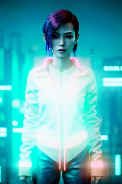 Waist up shot photo, thriller style, Asian cyborg woman, blade runner style :: symmetry photography, cyberpunk, pink hair, makeup, long line eye, light iris, :: latex coat, wires and circuits, pink, white, black :: cinematic, Ultra realistic, dark scene, soft color, highly detailed, unreal engine 5, RTX, ultra detail, 3d, finely drawn, high definition.