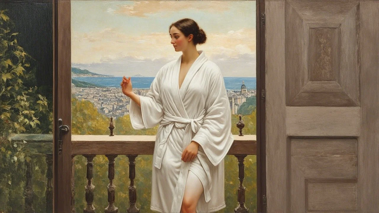 woman in bath robe on the balcony painted by Caravaggio