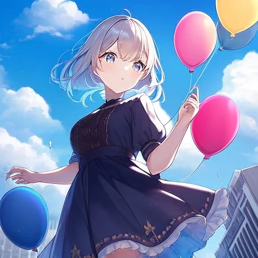 anime girl letting go of a balloon, outside, clouds, only the balloon is colred