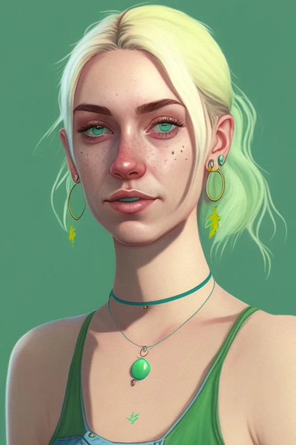 Realistic young woman, neck length white blonde hair in a half ponytail, pale skin, light blue eyes, freckles, big boobs, big green earrings, green and gold necklace, green tank-top with blue overalls on top, grey plant tattoo on arm