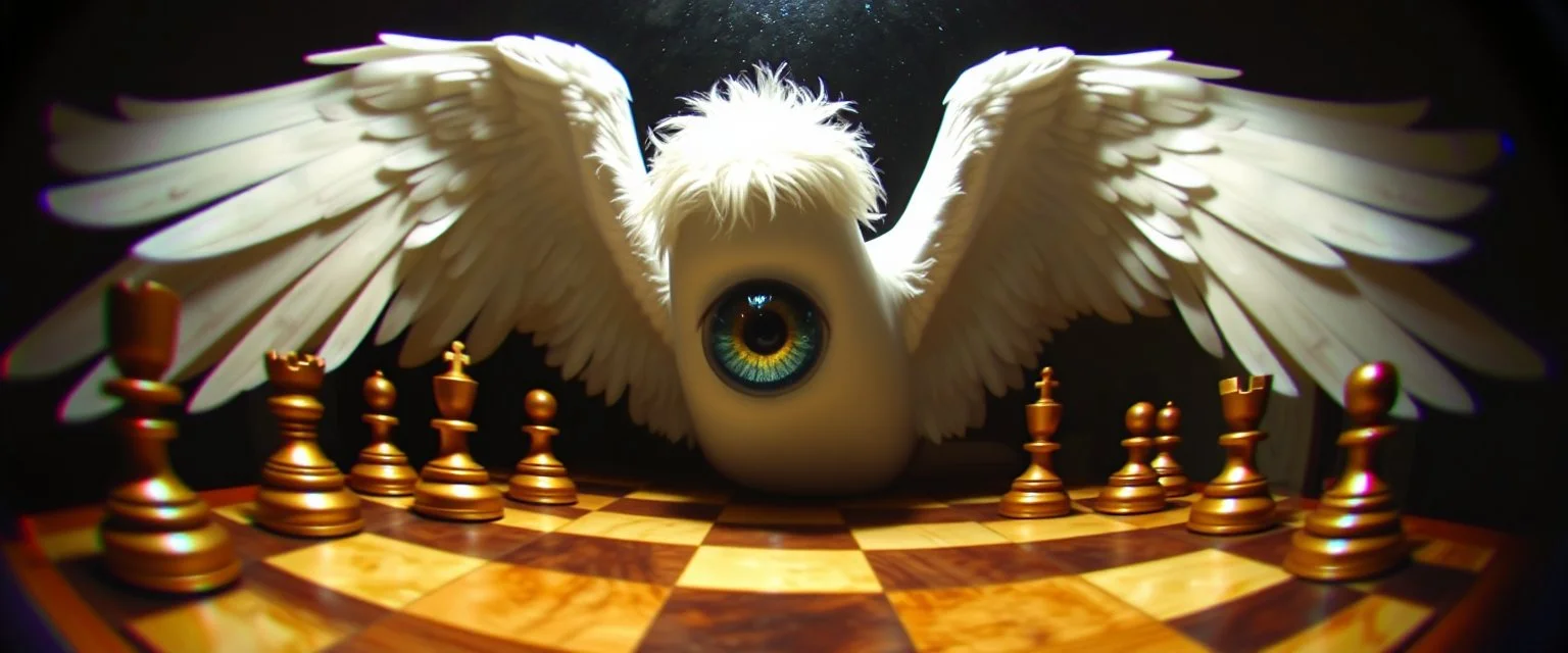 fish eye lense, pin hole cam, master oil painting by Rembrandt, realistic rendering one eyed chess blinding white angel a sense of depth