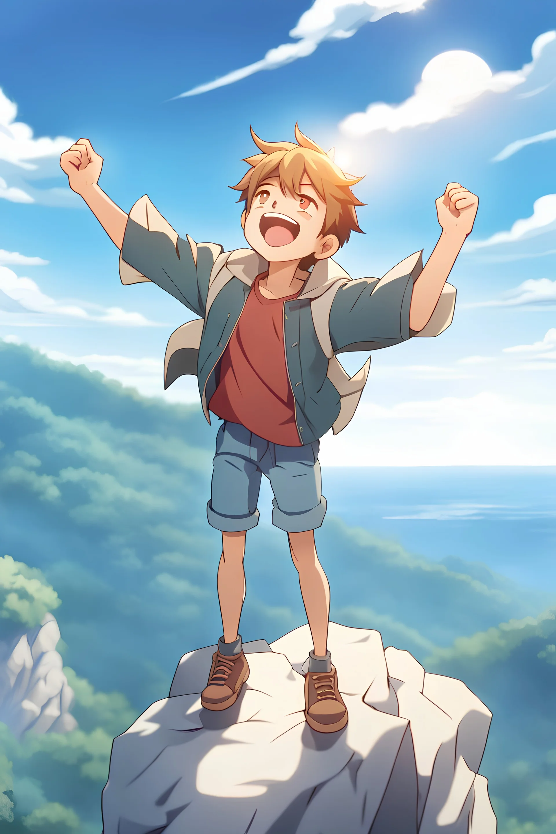 Close up of trendy anime boy standing on edge of cliff, head towards the sky, sun on face, thankful and smiling, arms open in the air