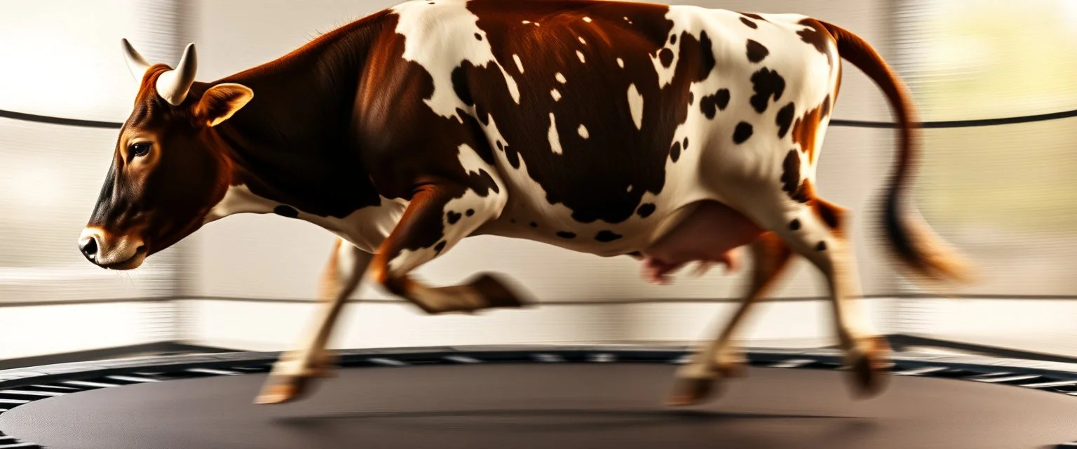 blind contour cow massage master guru fast moving motion blur background, jumping on trampoline