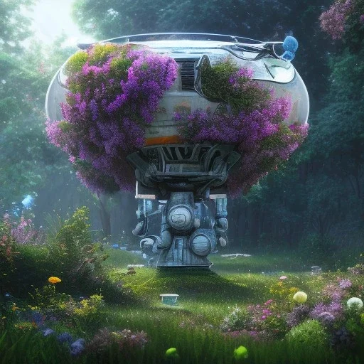 pixar style, volumetric summer garden environment and background, realistic painting of debris ufo, looking excited, volumetric lighting, dramatic lighting, detailed digital painting, extreme dense and fine fur, anime, ornate, colour-washed colors, elegant, small minutiae, tiny features, particulars, centered, smooth, sharp focus, renderman gofur render, 8k, uhd, detailed eyes, realistic shaded volumetric lighting, sunlight caustics, backlight, centered camera view