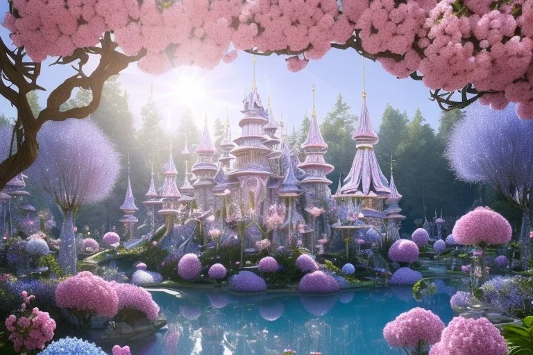 a magical crystal flower lys bougainvillier,pink hydrangeas, blue gold house crystal castle in the woods, magnolias pink,blue lake,sun,white swanns,pink vertical, blue lake,sharp, vines, candlelit, endor, ornate, elegant, highly detailed, artstation, concept art, smooth, sharp focus, illustration, 8k, splash art, wallpaper, key visual