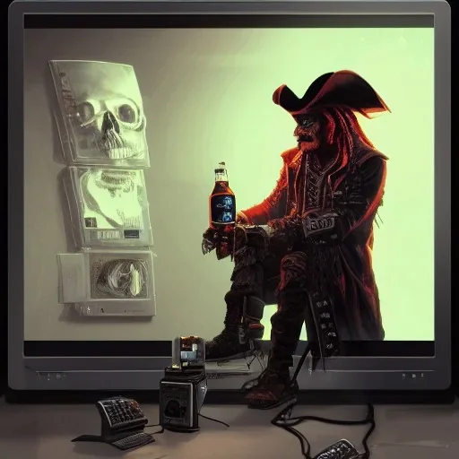 a cyberpunk hacker pirate captain skeleton with a pirate hat sitting in front of a huge old crt monitor in a dark room holding a beer, only light coming from crt monitor, highly detailed, intricate, digital art, trending on artstation, trending on cgsociety, by greg rutkowski