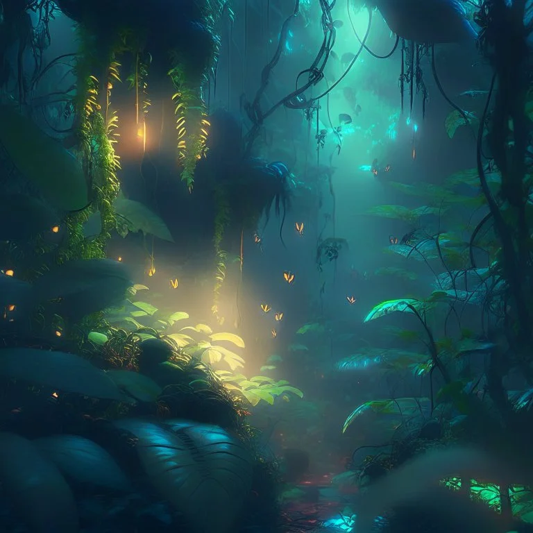 dense fantasy jungle with vines and glowing fireflies, mysitcal fog, dawn, photorealistic, unreal engine 5, masterpiece, trending on artstation, sharp focus