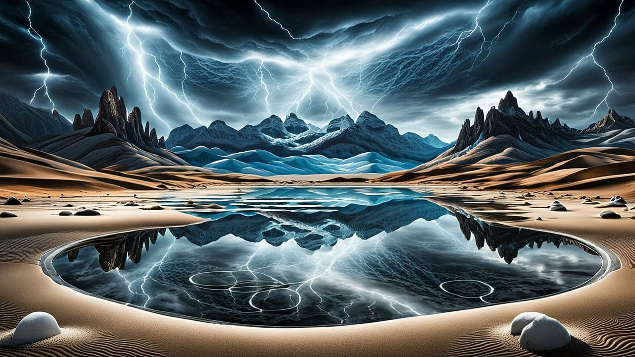 Abstract Landscape with surreal iced desert, mountains, iced water, reflections. The scene features circles and ovals, all enhanced by overlapping shadows and reflections, adding depth and dimension. The sky is dramatic, filled with swirling dark clouds and lightning, creating an intense atmosphere. In the scene old bones lying in sand in the right side. The color palette consists of rich, deep hues, shadows and lights, watercolor and dark ink, like a dark dream