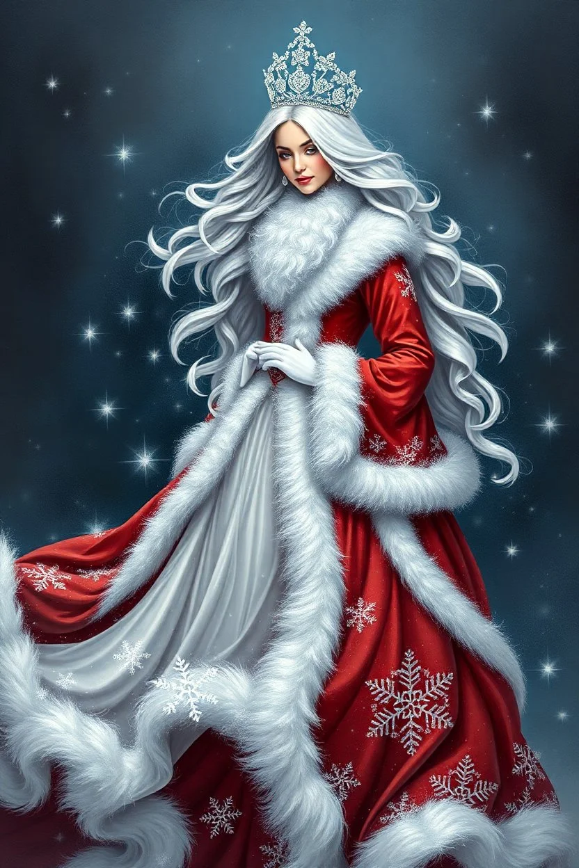 In the enchantingly whimsical realm of Lady Santa, a figure resembling a festive twist on the traditional Santa Claus persona emerges. Imagine the iconic red and white costume transformed into a gracefully flowing gown, adorned with glittering snowflake patterns and shimmering sequins. Her long flowing hair cascades in cascades of silver waves, accentuating the twinkling tiara atop her head. This exquisite image, reminiscent of a carefully crafted painting, captures the essence of holiday magic