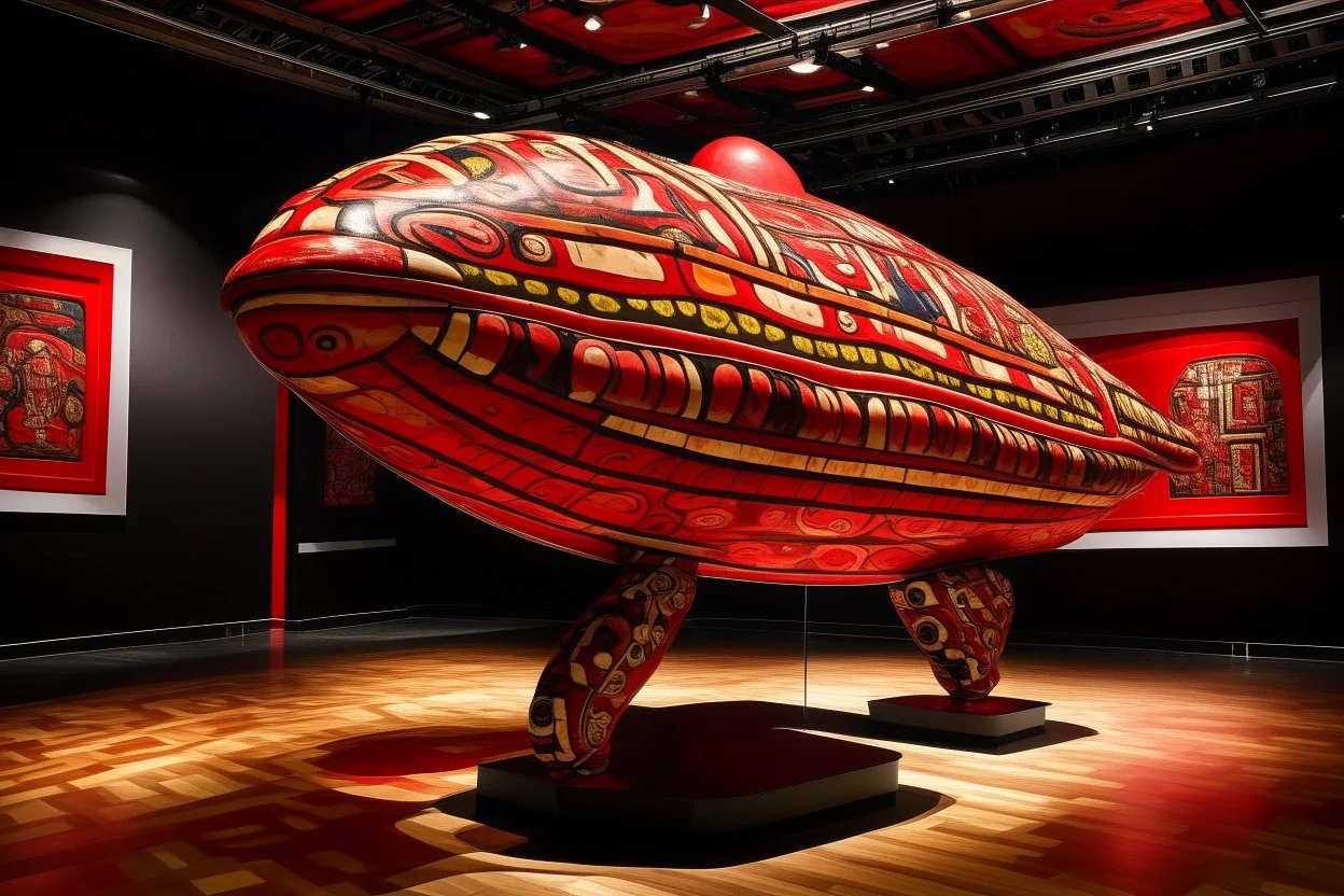 A red fiery pepper shaped zeppelin designed in ancient Greek pottery painted by Jean Dubuffet