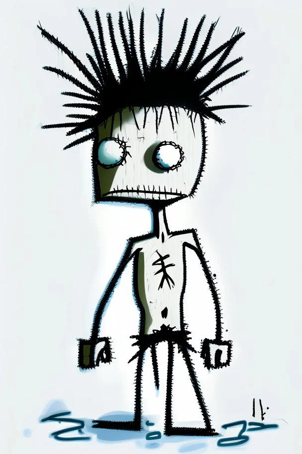 2d drawing of a stickman, cool with punk hair, x eyes like in hangman, no shirt and only dressed in a white towel, standing with hands on hips, 3d realistic in colour