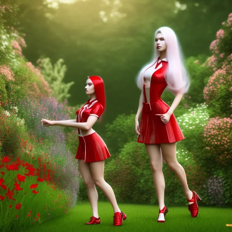 young lady walk in garden with red shirt and white hair