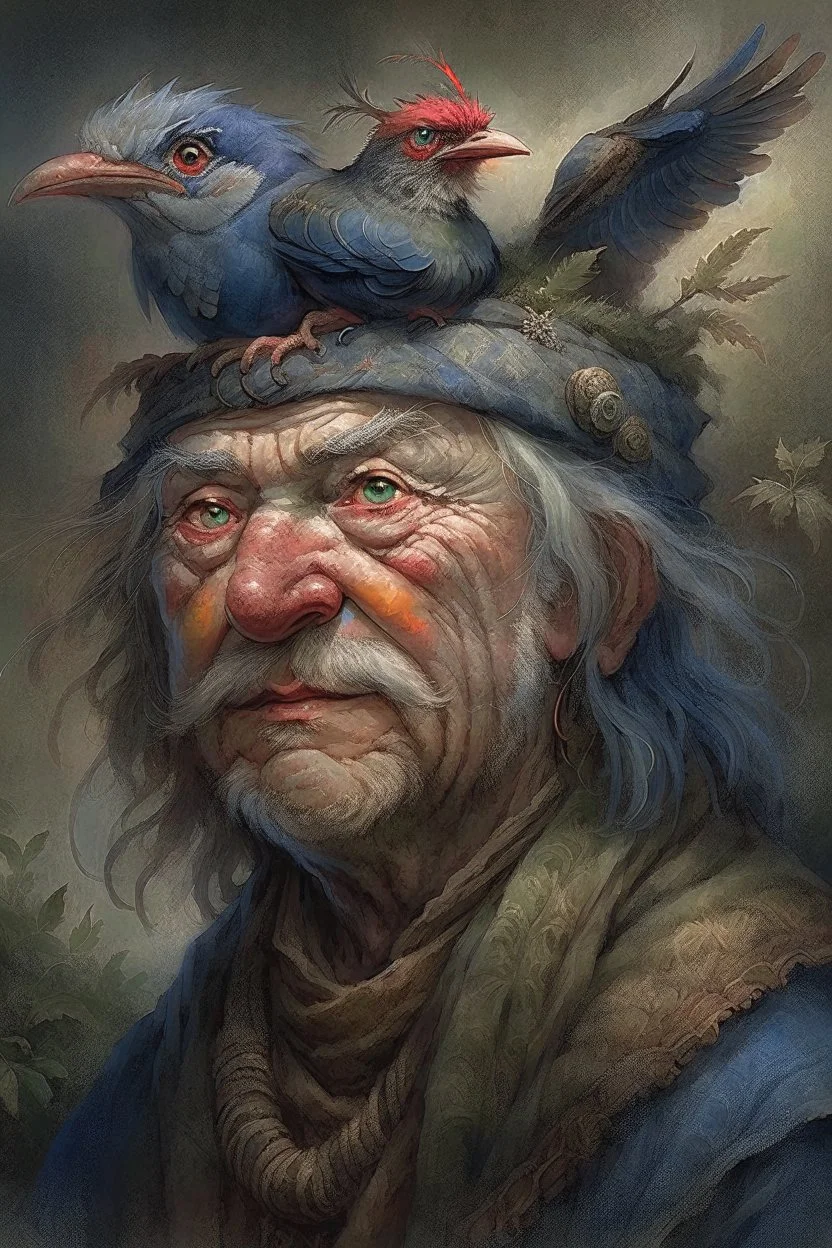 a painting of an old man with a bird on his head, a character portrait by Wendy Froud, cgsociety, fantasy art, storybook illustration, grotesque, detailed painting