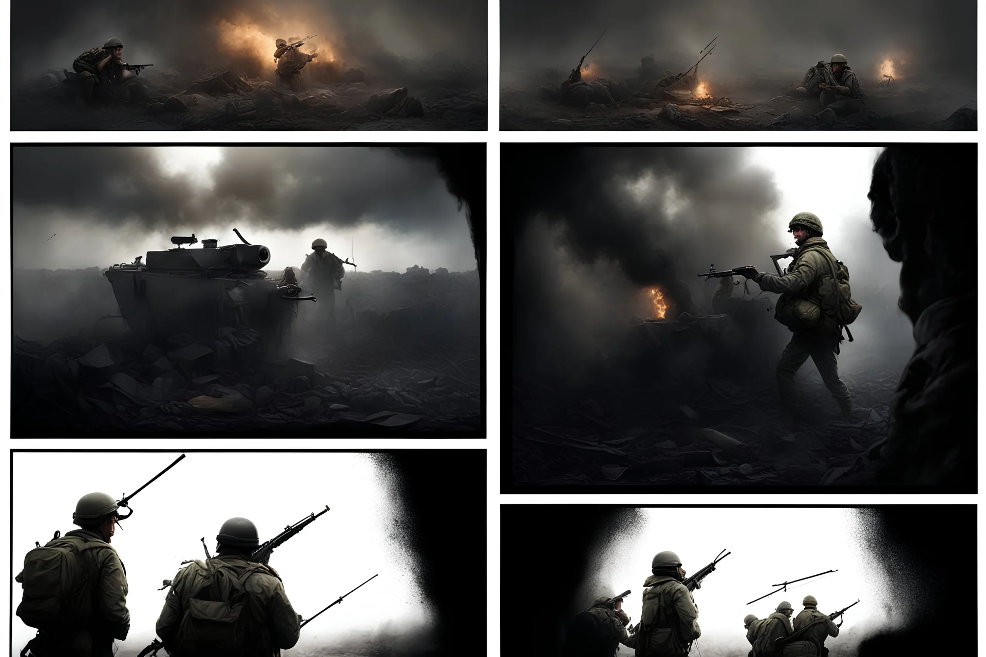 Masterpiece1:5)(Fineart), (award-winning:1.5), highest quality, (ultra realism:1.5) war journalism(,(by Tim Page and Hoorst Faas:1.5))(photorealistic:1.8), (Eastern Ukraine:(panel one:the moment after a battle ends, horrors of war, wounded men),(2nd panel, cinematic shot of men sitting in trench with 1000 yard stare (focus on their eyes:1.5)),(the third panel shows troops tired but hyper alert), (the fourth panel shows the sky is filled with incessant, fire and smoke,)