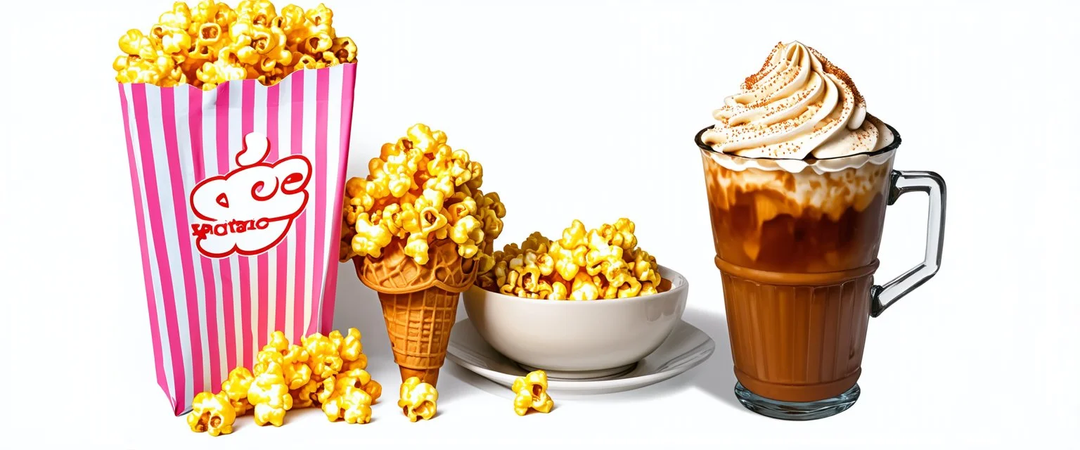 ice cream cones, striped bag of popcorn, iced coffee drink with whipped topping. whimsical with fantastic lighting, digital painting on white