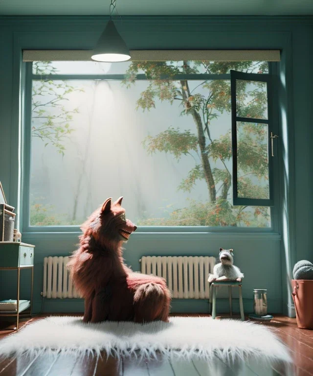 Realistic beth room scene. big furry monster sitting. girl from behind. Wes Anderson style. Red hair, smile, happy, gradient color fog. highly detailed, concept art, unreal engine 5, ray tracing, RTX, lumen lighting, ultra detail, volumetric lighting, 3d, finely drawn, high definition, high resolution.