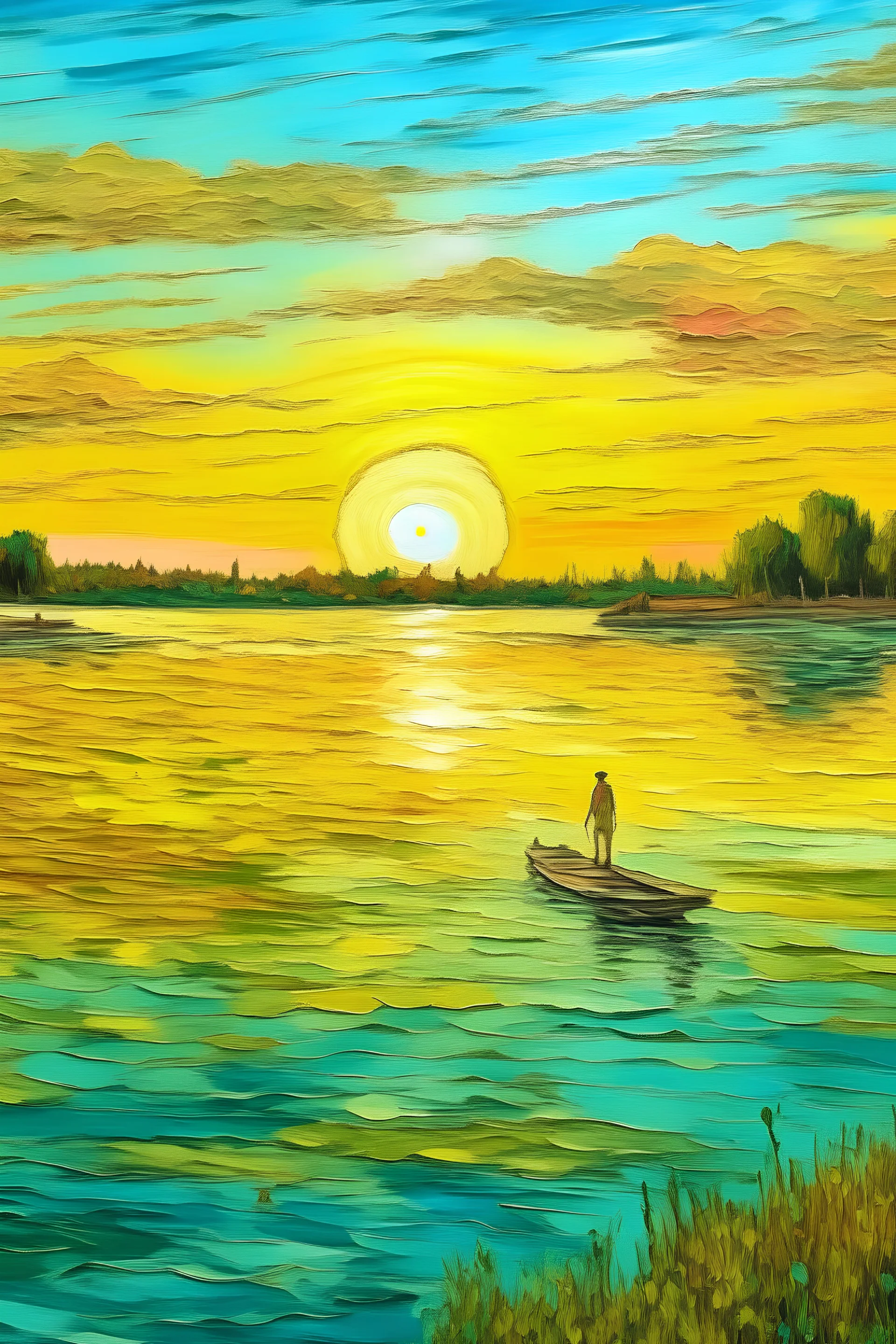 paisaje de la laguna setubal, al atardecer, aguas tranquilas pintadas por técnicas del impresionismo con una persona haciendo Stand up con su tabla en el medio de la laguna pintado por Van Gogh