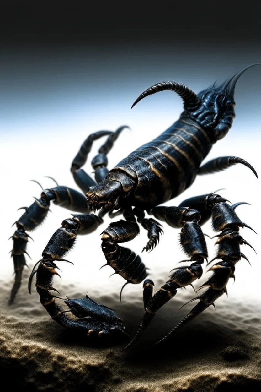 Black emperor Scorpio emblem on a burning landscape background With its Tail curled up behind his back ready to strike and from claws grasping under a storming sky with blue lightening striking around it