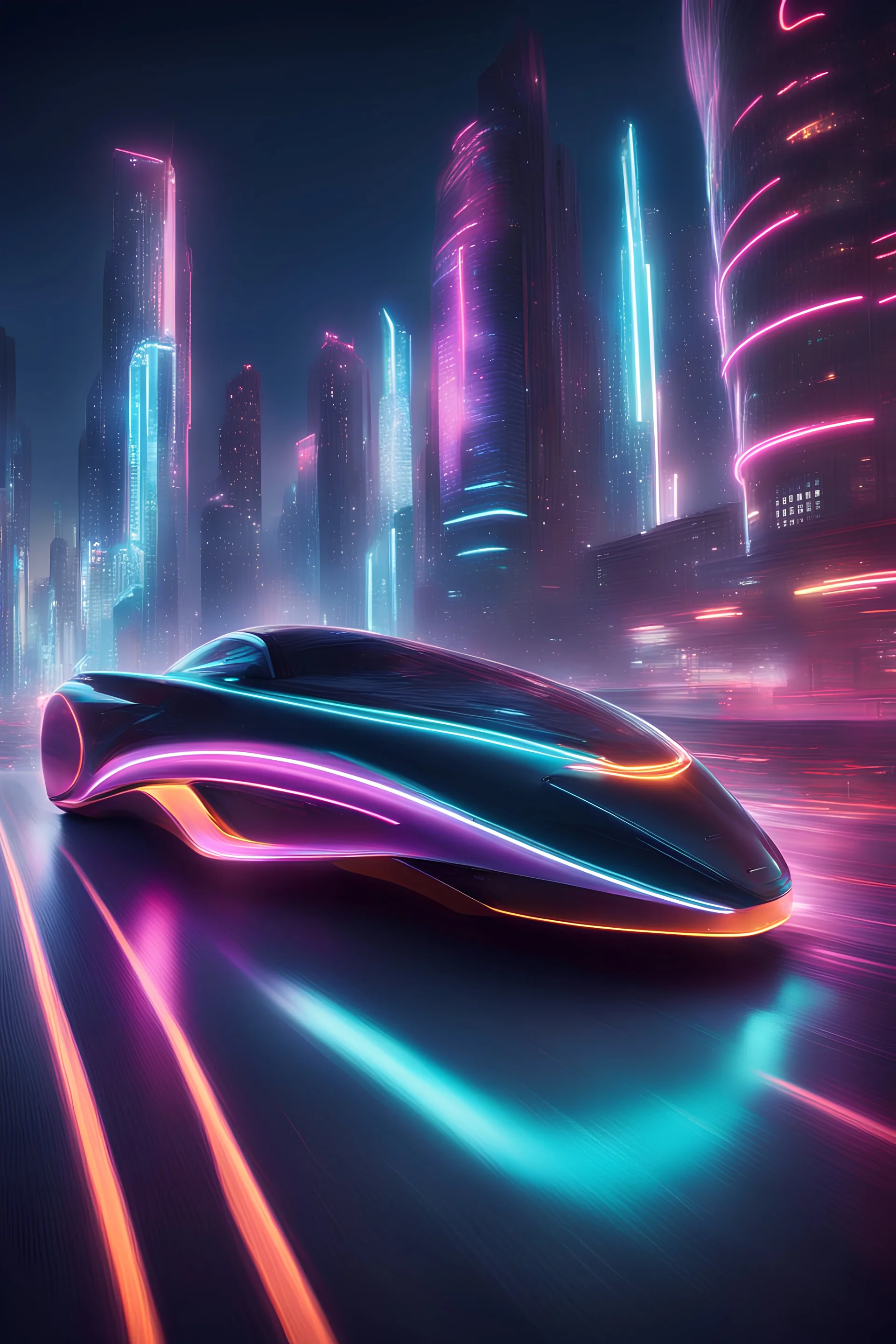 A sleek, futuristic car gliding through a neon-lit cityscape, its aerodynamic curves reflecting the vibrant lights and energy of the metropolis.