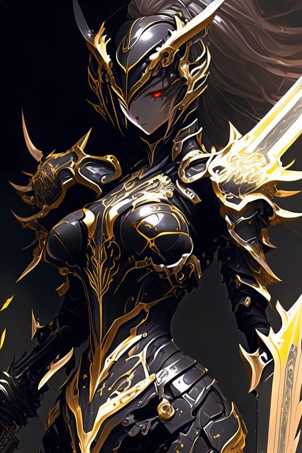 a woman with a sword in her hand, 2. 5 d cgi anime fantasy artwork, ghostblade, black and golden armor, of a beautiful saryn warframe, intricate assasin mecha armor, black armor, sharp black armor, dark warrior, cgsociety 9, anime fantasy artwork, of a beautiful female warframe, detailed warframe fanart