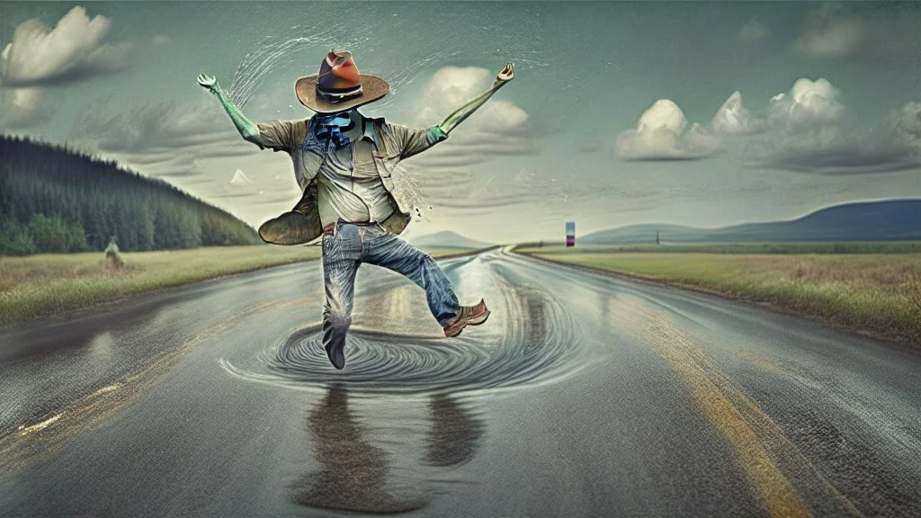 happy man river-dancing on a hat that is laying on the road