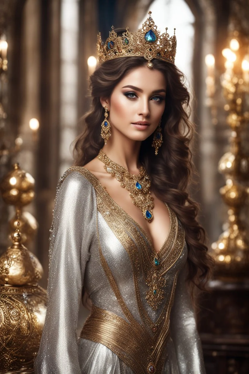 Fullbody excellent pose gorgeous photography art,cinematic realistic colors,soft blur ,natural beauty, of young woman, smiling, beautiful, shiny grey eyes, make up,Queen Persian style, shiny baubles, ornate, large gemstones, shiny molten metalics, shiny wire filigree, brown hair, high definition, stand up style in luxury castle