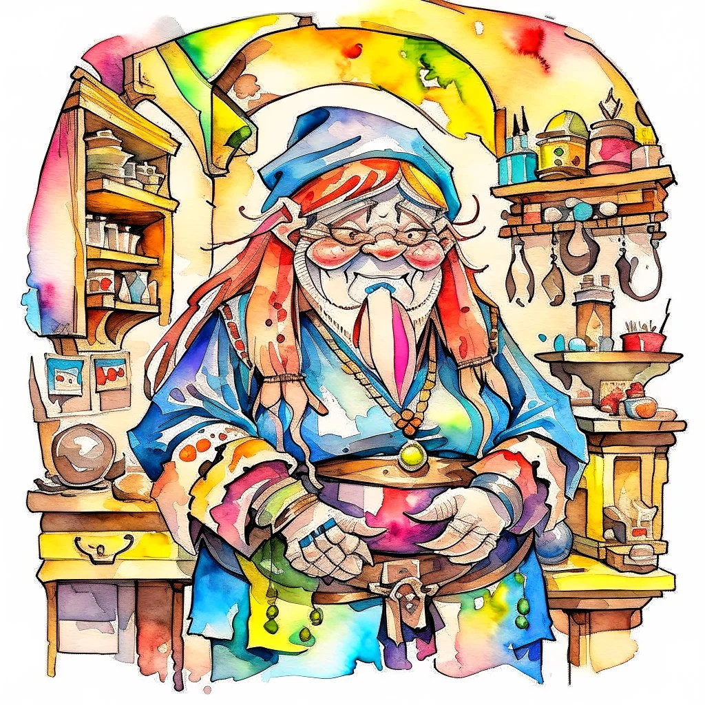 fantasy, watercolour, illustration, portrait, dwarf woman, sturdy, shopkeeper