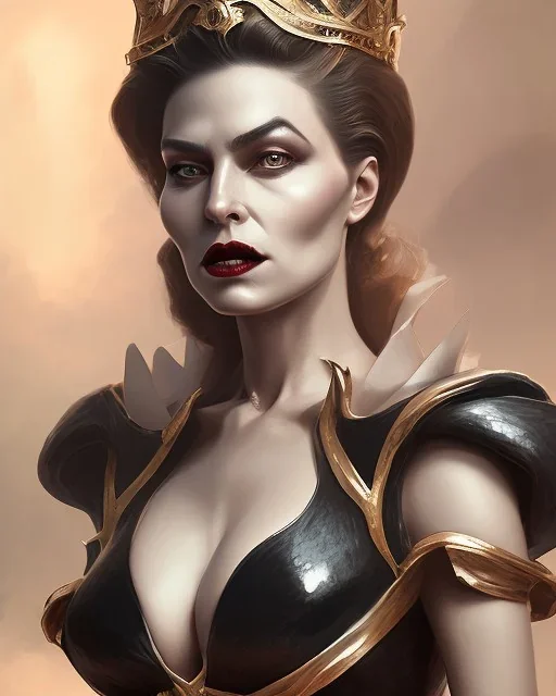 old evil queen in black leather gown, femme fatale, volouptous, busty, cleavage, angry, emperious, 8k resolution concept art portrait by Greg Rutkowski,