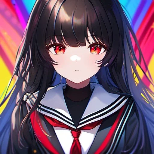 Clear focus, High resolution, long black fluffy hair, red eyes, chopped bangs, wearing a sailor uniform, wearing a sailor skirt, colorful, hollywood, female, no outlines, extreme close up