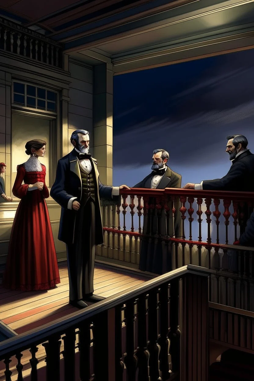 llustrate the presidential box on the balcony level, portraying Abraham Lincoln, his wife, and their guests as they enjoy the play. Highlight the vulnerability of Lincoln without proper security, setting the stage for the impending tragedy